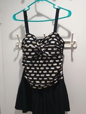 Black Tankini Swimdress with Cream & Gold Dot Pattern Skirt